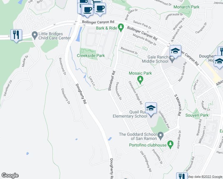 map of restaurants, bars, coffee shops, grocery stores, and more near 7746 Stoneleaf Road in San Ramon
