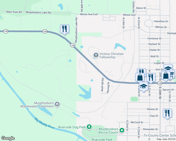 map of restaurants, bars, coffee shops, grocery stores, and more near 41-45 Westwood Lane in Murphysboro