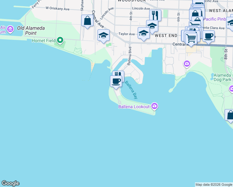 map of restaurants, bars, coffee shops, grocery stores, and more near 1132 Ballena Boulevard in Alameda
