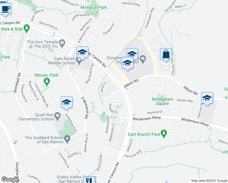 map of restaurants, bars, coffee shops, grocery stores, and more near 1412 Arianna Lane in San Ramon