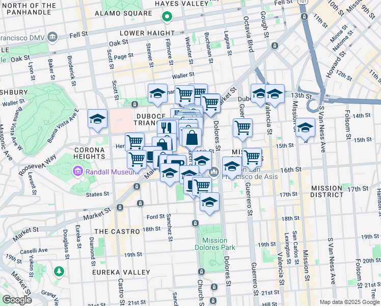 map of restaurants, bars, coffee shops, grocery stores, and more near Church St & 15th St in San Francisco