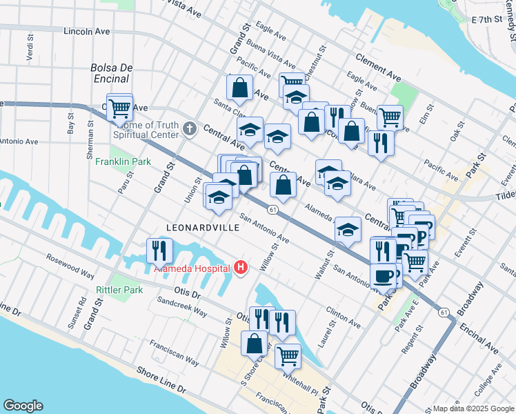 map of restaurants, bars, coffee shops, grocery stores, and more near 2024 Encinal Avenue in Alameda