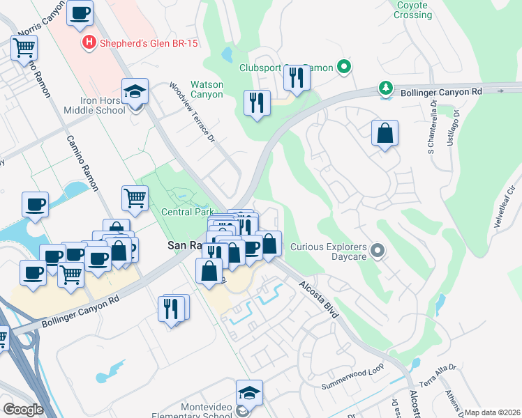 map of restaurants, bars, coffee shops, grocery stores, and more near 203 Canyon Woods Circle in San Ramon