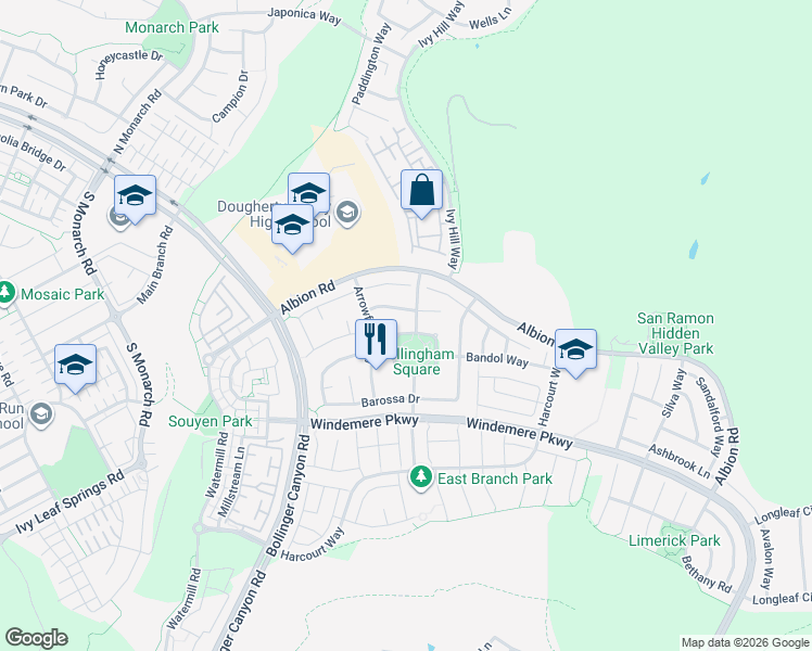 map of restaurants, bars, coffee shops, grocery stores, and more near 1104 Bellingham Square in San Ramon