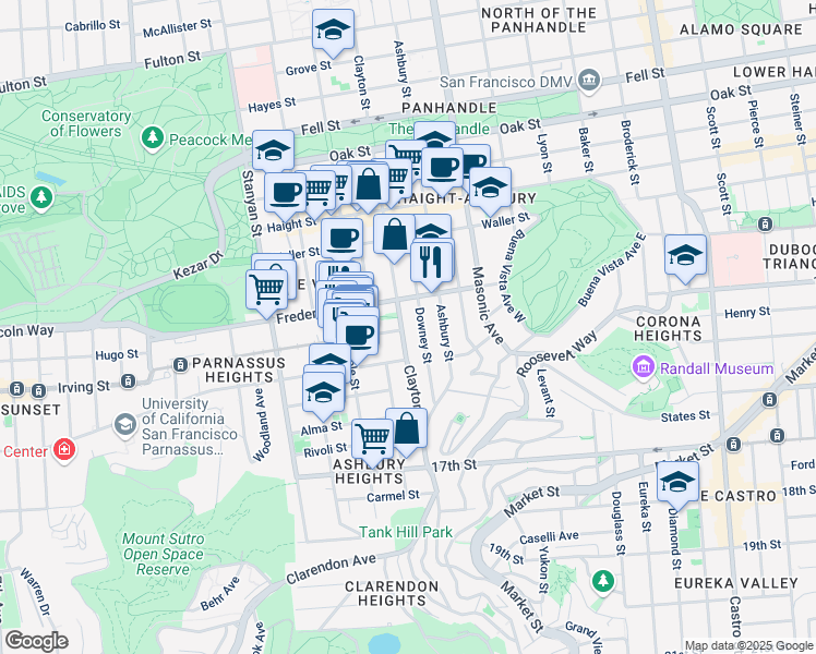 map of restaurants, bars, coffee shops, grocery stores, and more near 881 Clayton Street in San Francisco