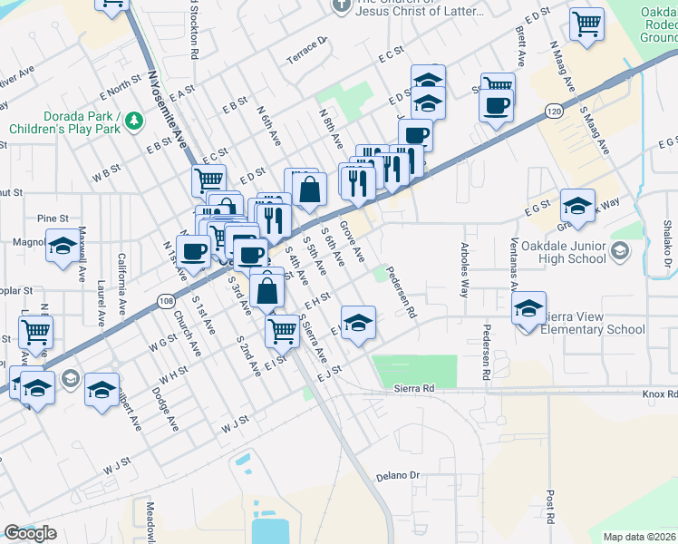 map of restaurants, bars, coffee shops, grocery stores, and more near 532 East H Street in Oakdale
