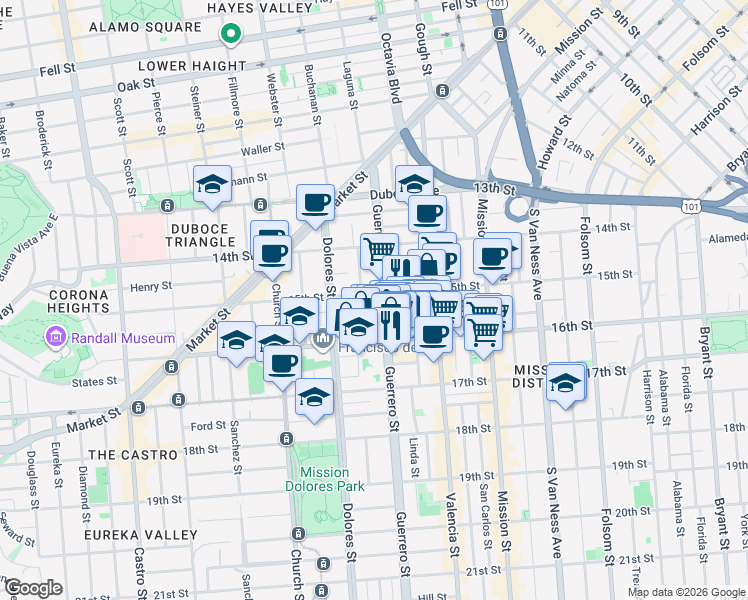 map of restaurants, bars, coffee shops, grocery stores, and more near in San Francisco