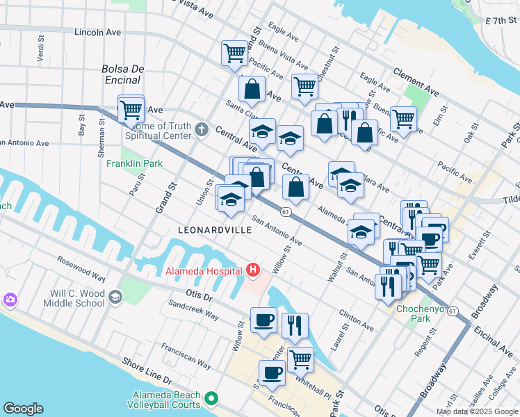 map of restaurants, bars, coffee shops, grocery stores, and more near 2004 Encinal Avenue in Alameda