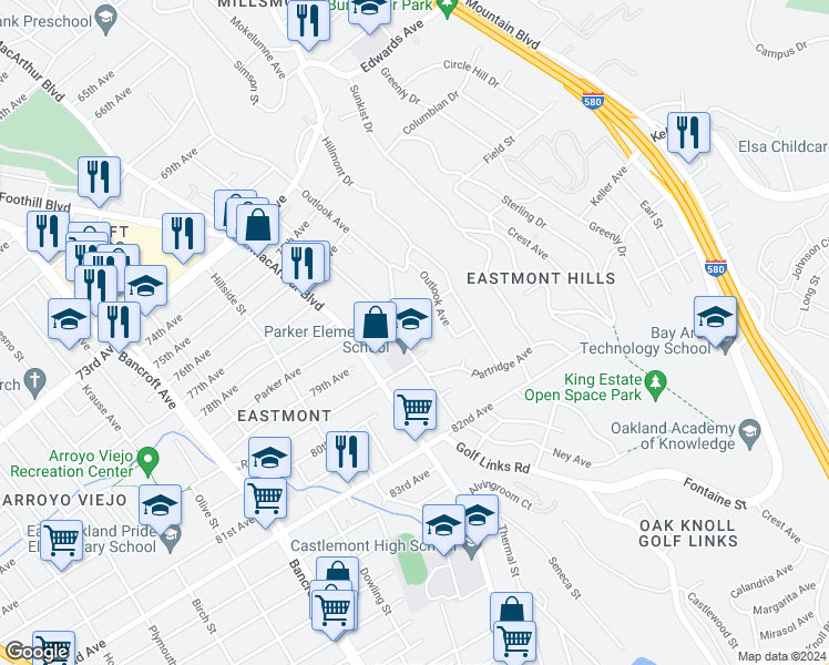 map of restaurants, bars, coffee shops, grocery stores, and more near 7929 Ney Avenue in Oakland