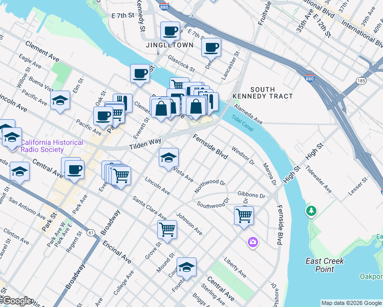 map of restaurants, bars, coffee shops, grocery stores, and more near 1721 Versailles Avenue in Alameda