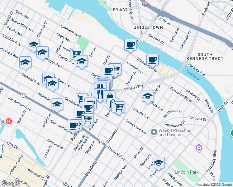 map of restaurants, bars, coffee shops, grocery stores, and more near 1537 Everett Street in Alameda