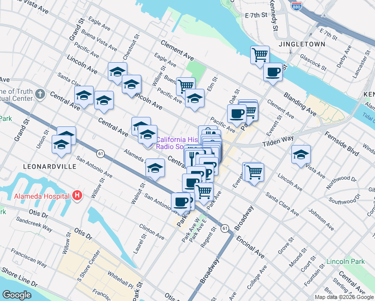 map of restaurants, bars, coffee shops, grocery stores, and more near 2242 Santa Clara Avenue in Alameda