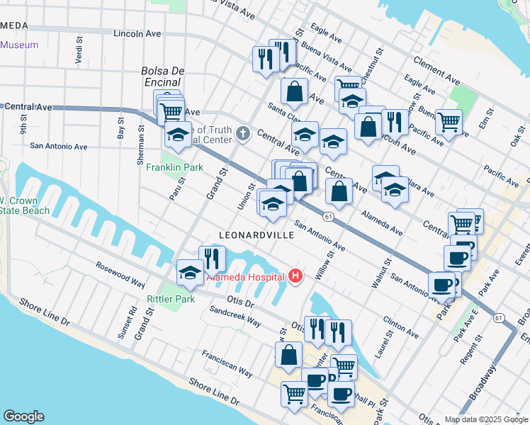 map of restaurants, bars, coffee shops, grocery stores, and more near 1835 San Jose Avenue in Alameda