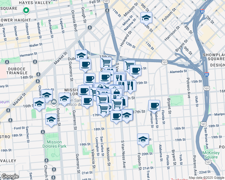 map of restaurants, bars, coffee shops, grocery stores, and more near 25 Adair Street in San Francisco