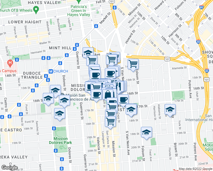 map of restaurants, bars, coffee shops, grocery stores, and more near 1979 Mission Street in San Francisco