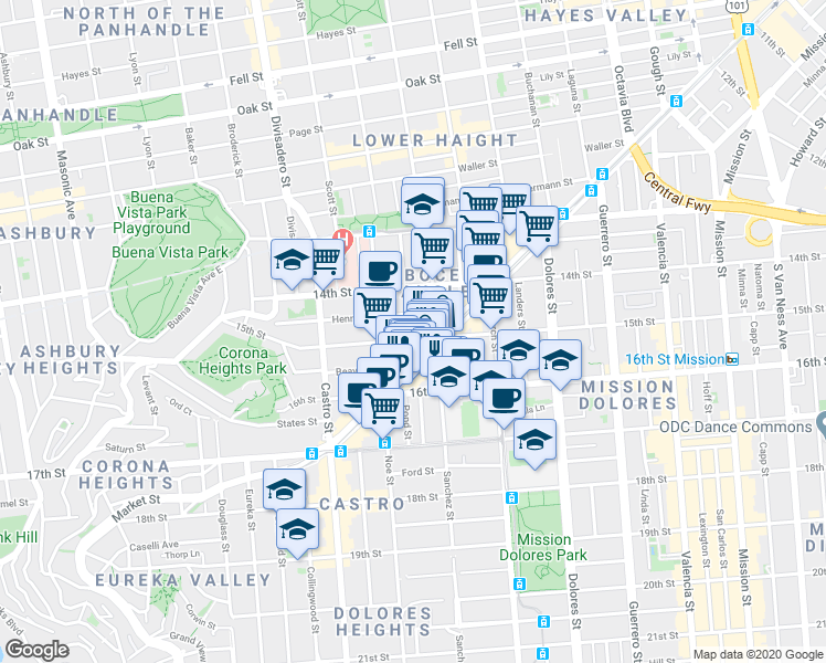 map of restaurants, bars, coffee shops, grocery stores, and more near in San Francisco