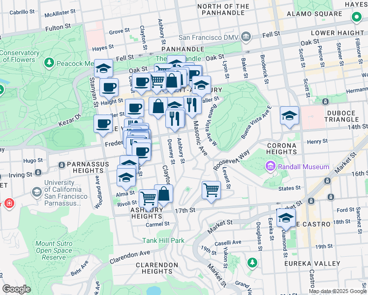 map of restaurants, bars, coffee shops, grocery stores, and more near 905 Ashbury Street in San Francisco
