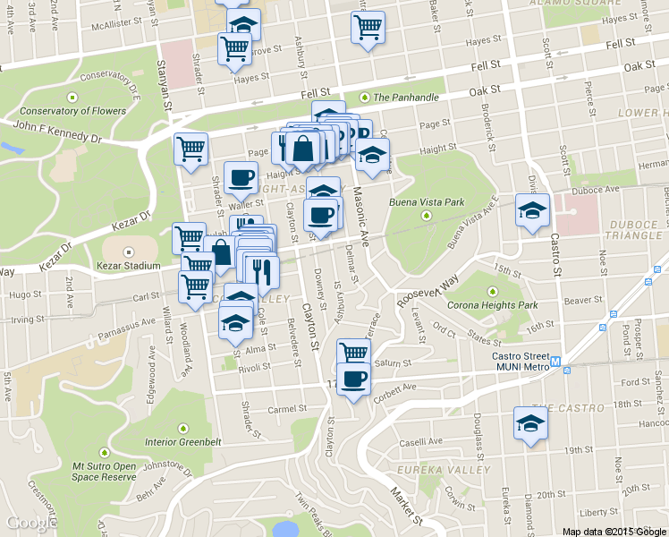 map of restaurants, bars, coffee shops, grocery stores, and more near 905 Ashbury Street in San Francisco