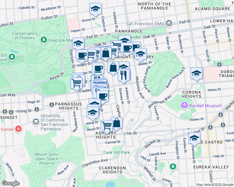 map of restaurants, bars, coffee shops, grocery stores, and more near 881 Clayton Street in San Francisco
