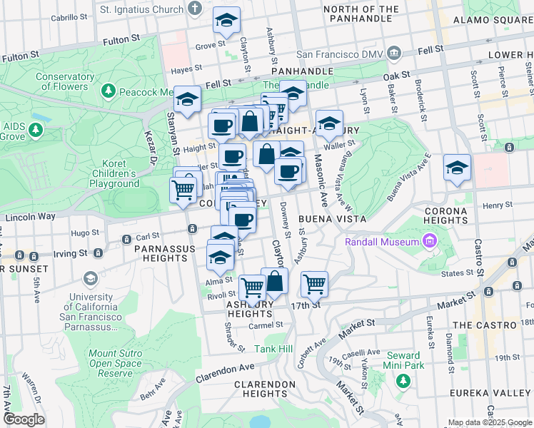 map of restaurants, bars, coffee shops, grocery stores, and more near 881 Clayton Street in San Francisco