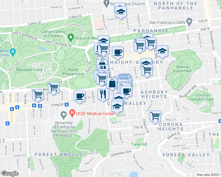 map of restaurants, bars, coffee shops, grocery stores, and more near 9600 Stanyan Street in San Francisco