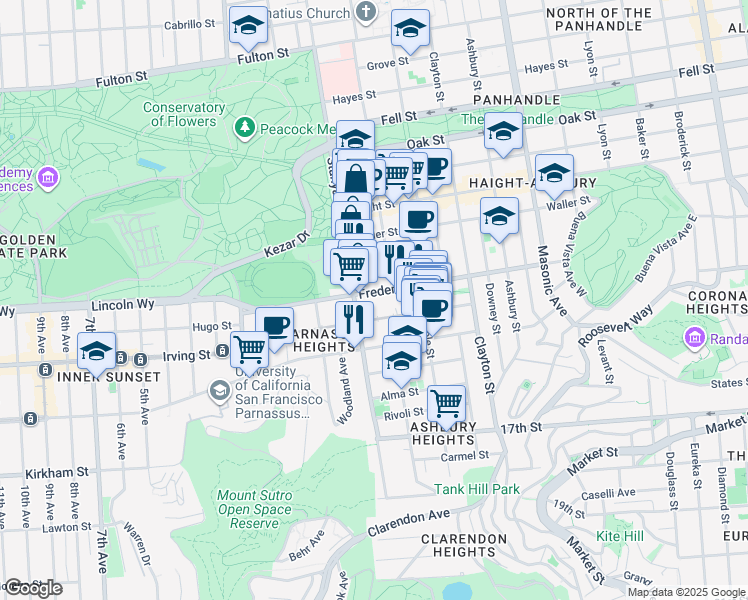 map of restaurants, bars, coffee shops, grocery stores, and more near 9600 Stanyan Street in San Francisco
