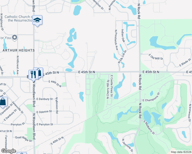 map of restaurants, bars, coffee shops, grocery stores, and more near 7227 East Shoal Creek Street in Wichita