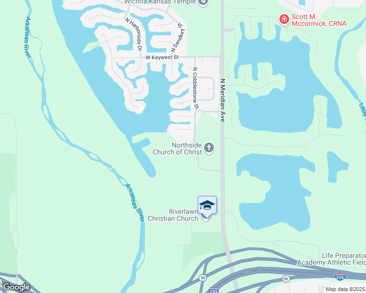 map of restaurants, bars, coffee shops, grocery stores, and more near 3099 W 45th Street North in Wichita
