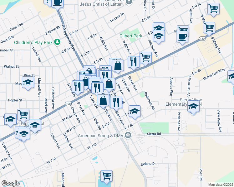 map of restaurants, bars, coffee shops, grocery stores, and more near 511 East G Street in Oakdale