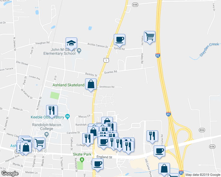 map of restaurants, bars, coffee shops, grocery stores, and more near 111 Smithtown Road in Ashland