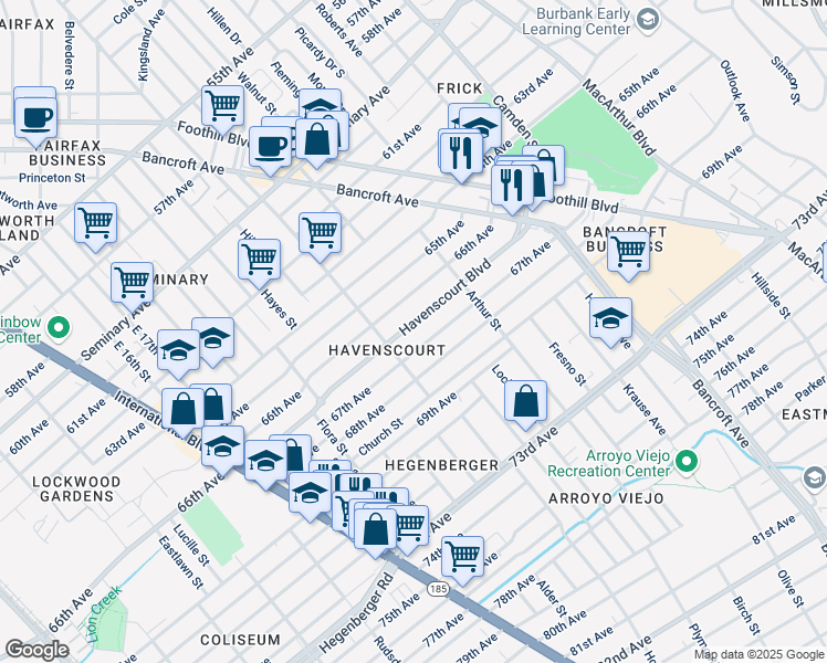 map of restaurants, bars, coffee shops, grocery stores, and more near 2442 Havenscourt Boulevard in Oakland