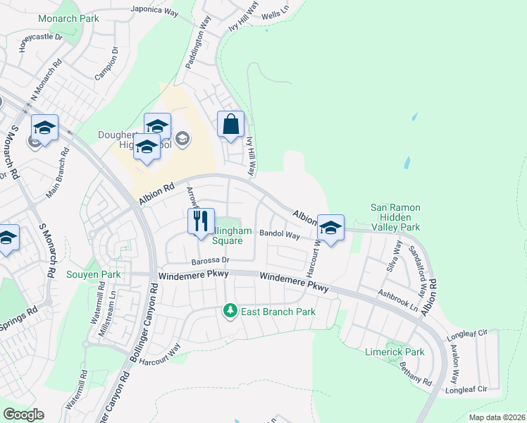 map of restaurants, bars, coffee shops, grocery stores, and more near 821 Bandol Way in San Ramon