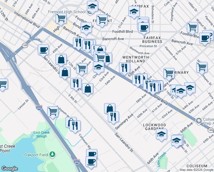 map of restaurants, bars, coffee shops, grocery stores, and more near 1226 54th Avenue in Oakland
