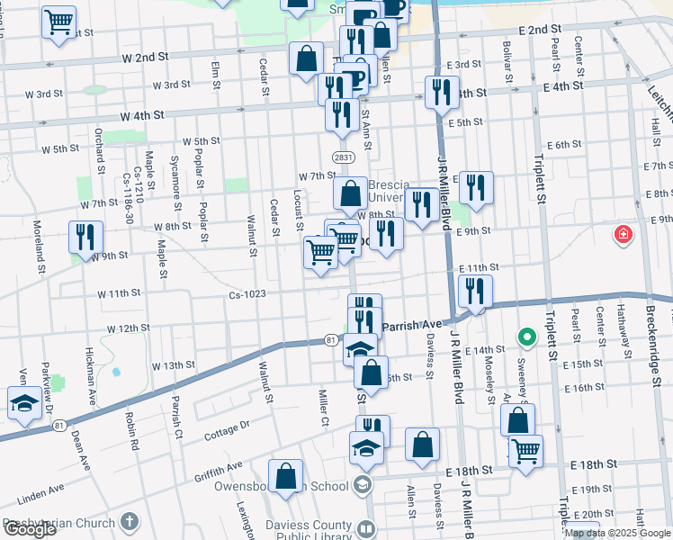 map of restaurants, bars, coffee shops, grocery stores, and more near 400 West 11th Street in Owensboro