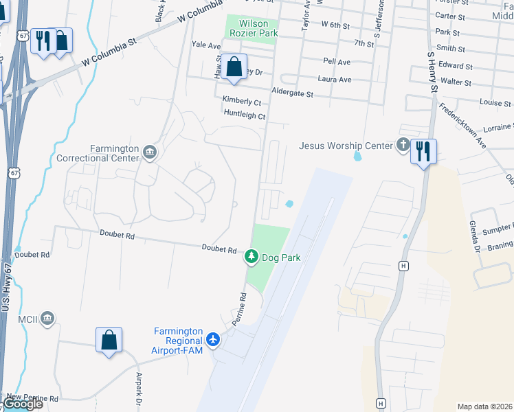map of restaurants, bars, coffee shops, grocery stores, and more near 1325 Blossom Lane in Farmington