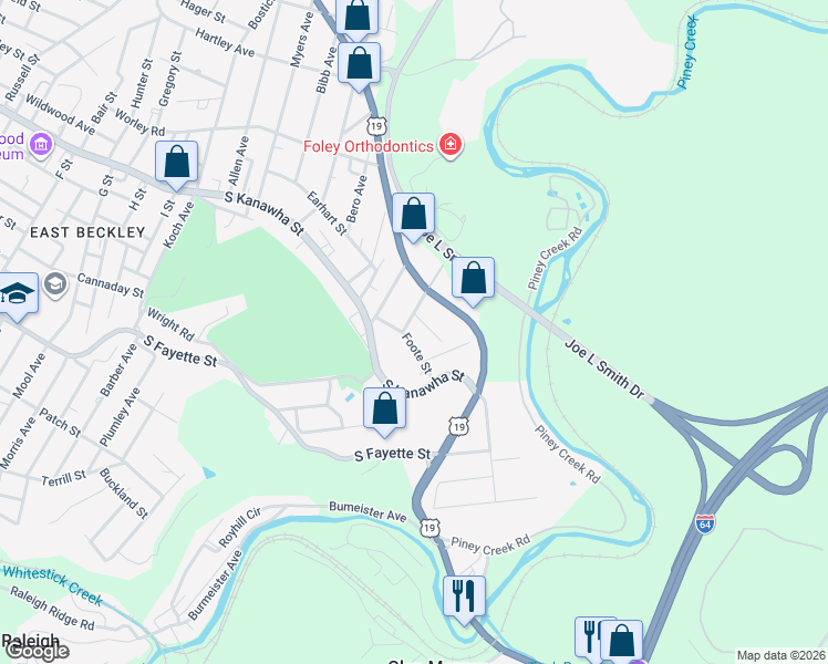 map of restaurants, bars, coffee shops, grocery stores, and more near 203 Foote Street in Beckley