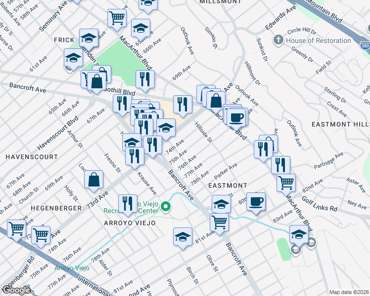 map of restaurants, bars, coffee shops, grocery stores, and more near 2625 75th Avenue in Oakland