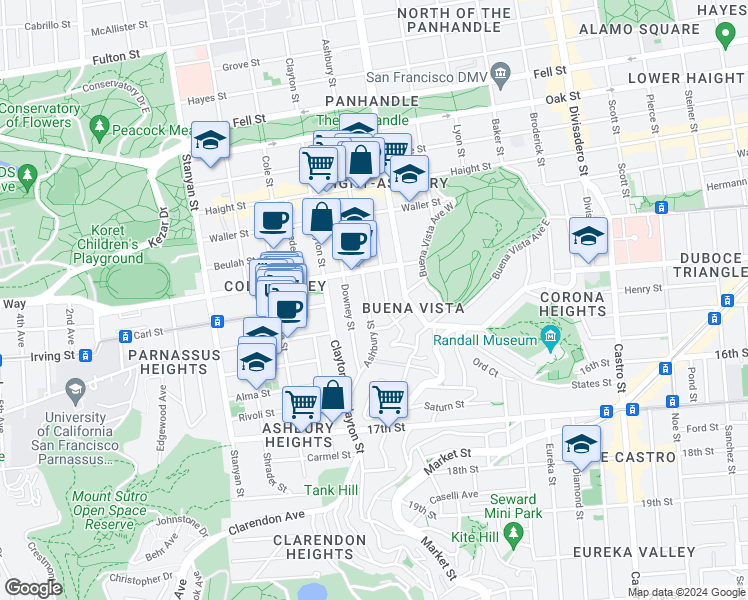 map of restaurants, bars, coffee shops, grocery stores, and more near 864 Ashbury Street in San Francisco