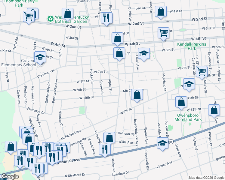 map of restaurants, bars, coffee shops, grocery stores, and more near 2020 West 10th Street in Owensboro