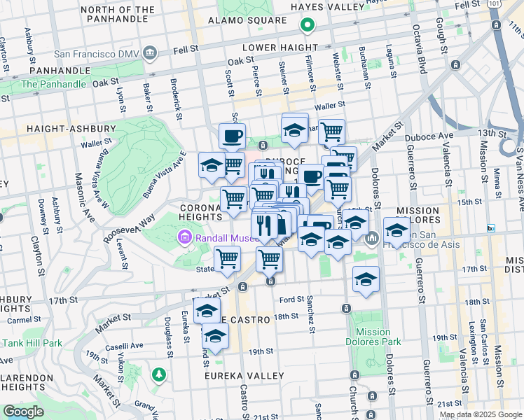 map of restaurants, bars, coffee shops, grocery stores, and more near 180 Noe Street in San Francisco