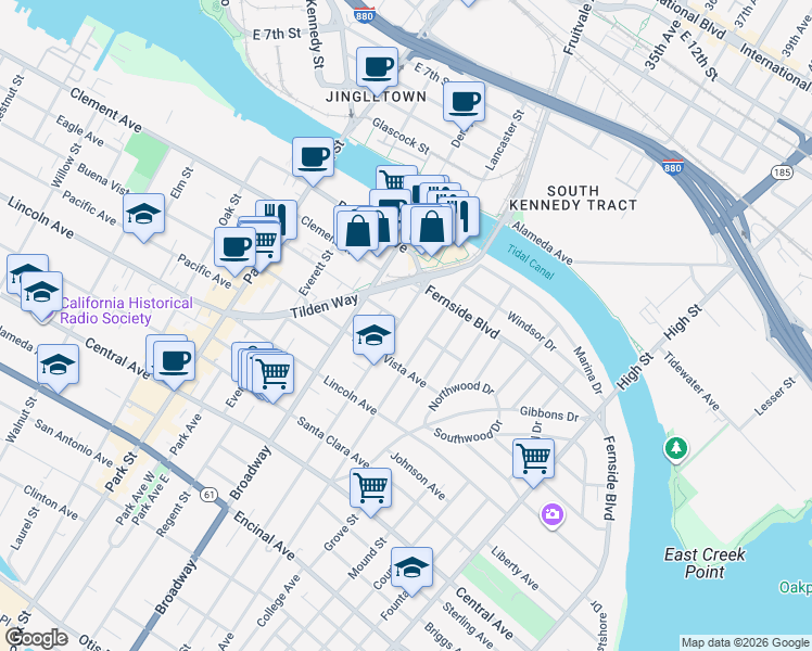 map of restaurants, bars, coffee shops, grocery stores, and more near 1740 Pearl Street in Alameda