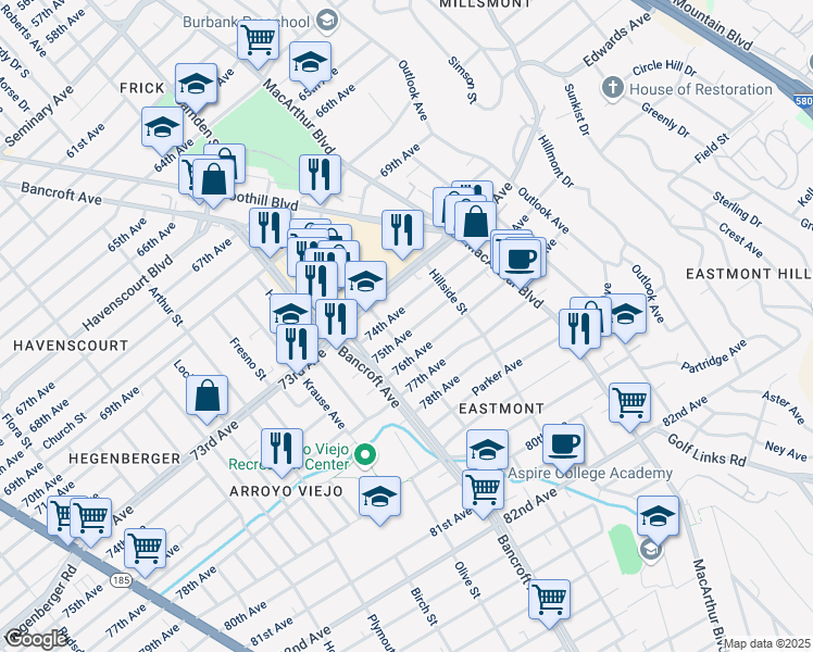 map of restaurants, bars, coffee shops, grocery stores, and more near 2625 75th Avenue in Oakland