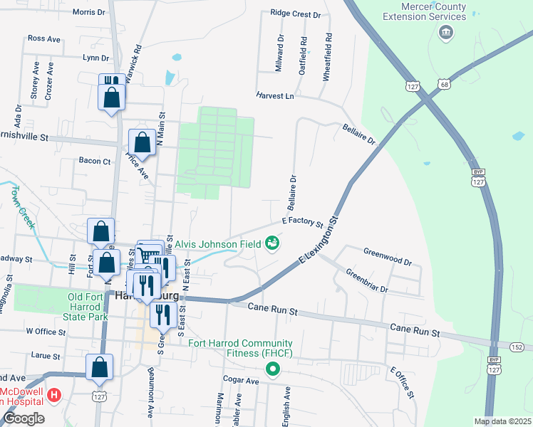 map of restaurants, bars, coffee shops, grocery stores, and more near 445 East Factory Street in Harrodsburg