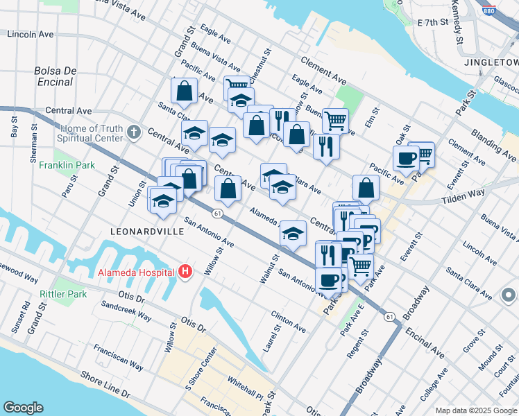 map of restaurants, bars, coffee shops, grocery stores, and more near 2119 Alameda Avenue in Alameda