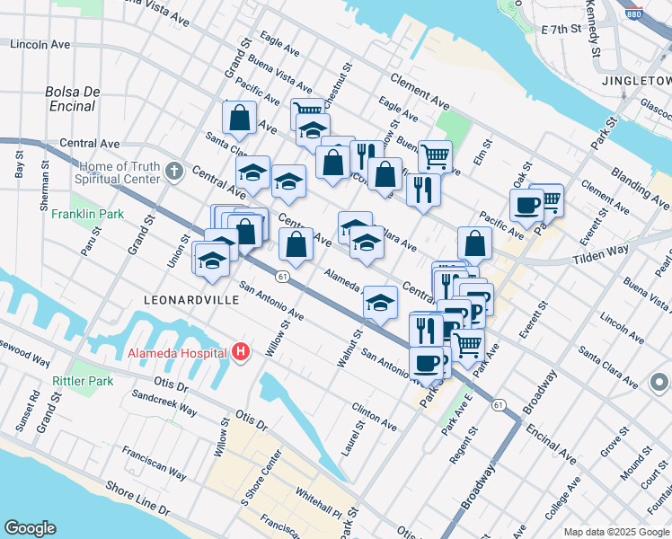 map of restaurants, bars, coffee shops, grocery stores, and more near 2068 Central Avenue in Alameda
