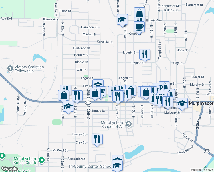 map of restaurants, bars, coffee shops, grocery stores, and more near 1801-1899 Logan St in Murphysboro