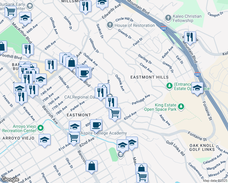 map of restaurants, bars, coffee shops, grocery stores, and more near 7894 Ney Avenue in Oakland