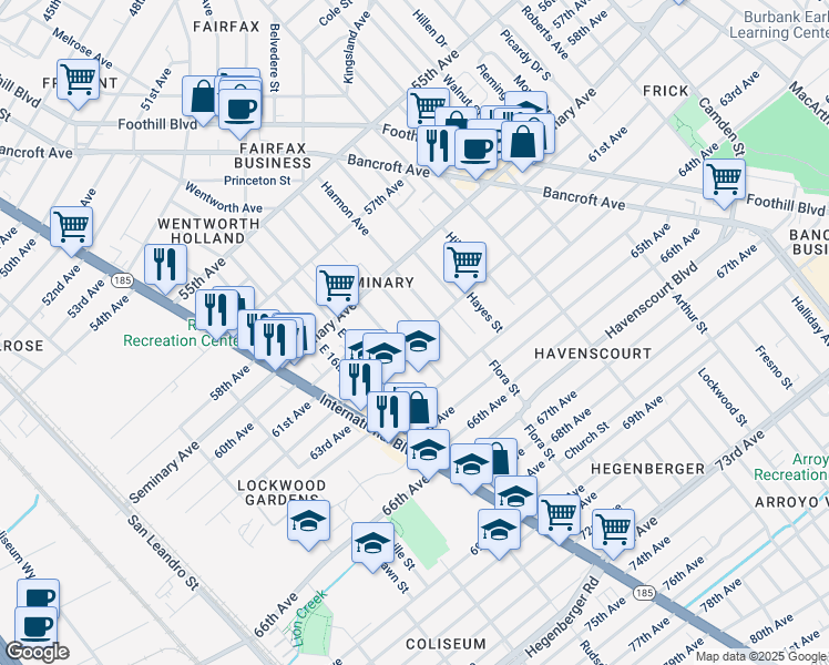 map of restaurants, bars, coffee shops, grocery stores, and more near 6121 Holway Street in Oakland