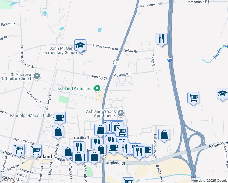 map of restaurants, bars, coffee shops, grocery stores, and more near 311 Berkley Street in Ashland