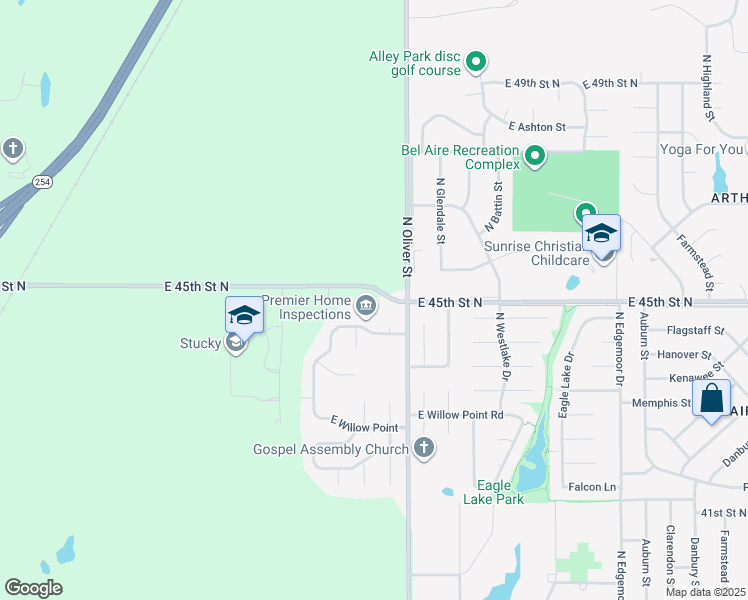 map of restaurants, bars, coffee shops, grocery stores, and more near 4336-4798 East 45th Street North in Wichita